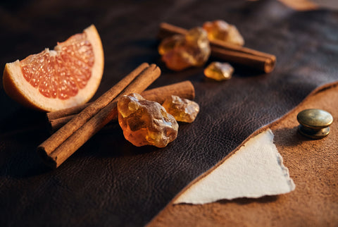 Cinnamon bark and raw amber resin on dark leather with grapefruit