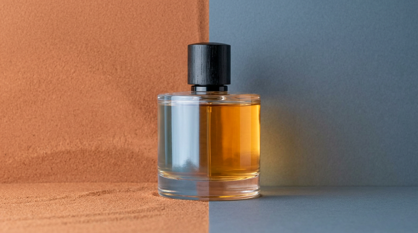 A 20.O2 bottle centred where a warm terracotta background meets a cool slate grey one, lit by both
