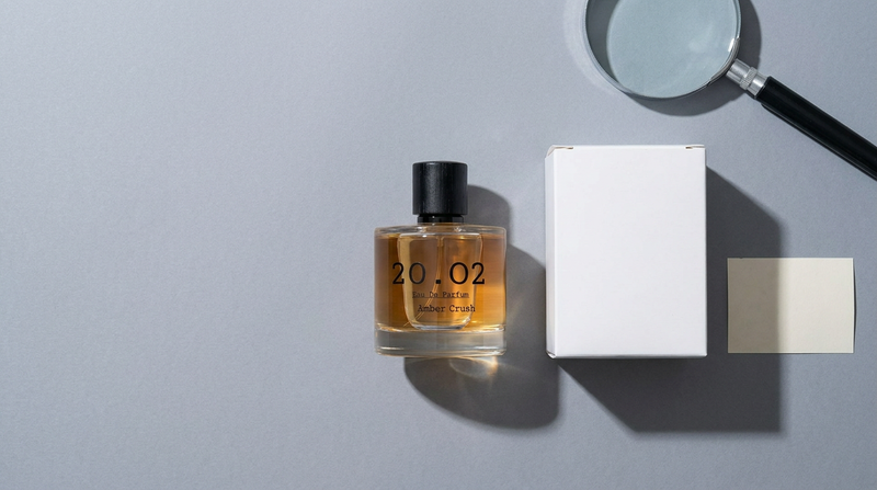 A 20.O2 Amber Crush bottle photographed from above beside a plain unmarked white box and a magnifying glass on grey paper