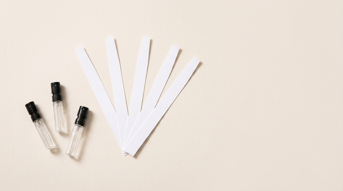 A fan of white paper blotter strips beside three small 2ml perfume sample vials on warm off-white paper