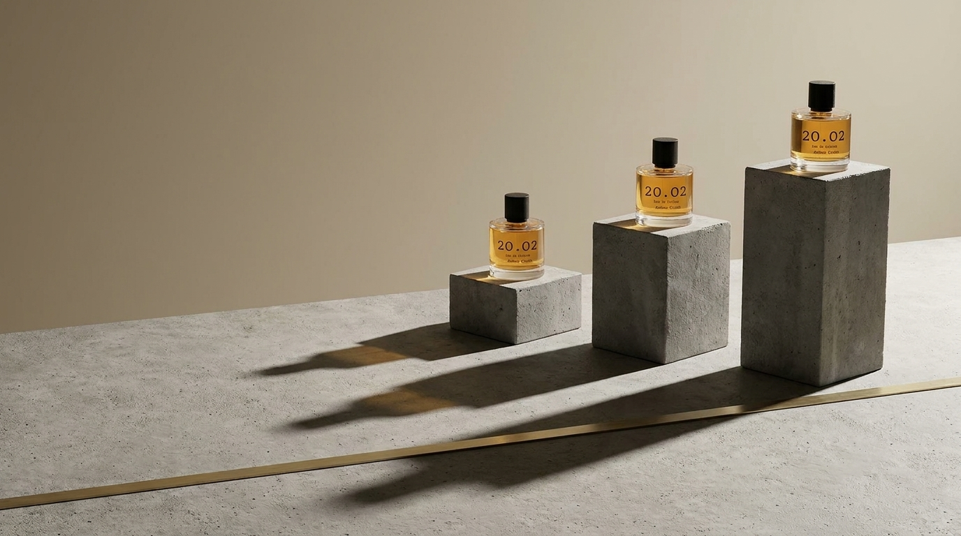 Three 20.O2 perfume bottles standing on concrete plinths of different heights casting long parallel shadows
