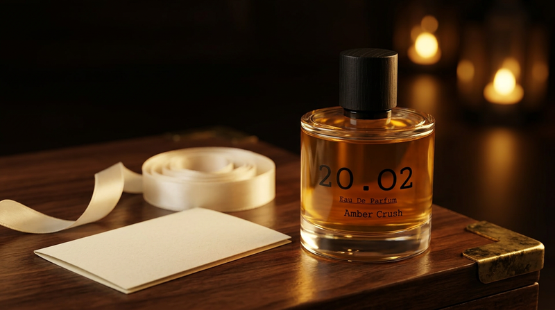A 20.O2 Amber Crush bottle beside ivory silk ribbon and a blank cream card on dark wood with warm lantern light behind
