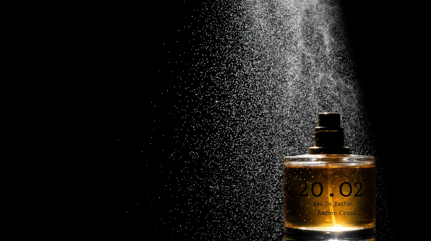 A fine mist of perfume caught in a shaft of light against black, with a 20.O2 Amber Crush bottle glowing below