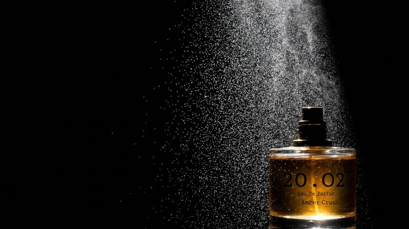 A fine mist of perfume caught in a shaft of light against black, with a 20.O2 Amber Crush bottle glowing below