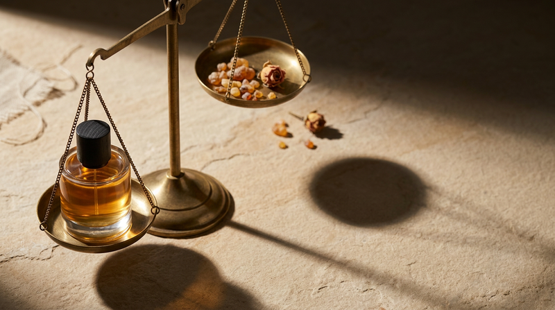 A 20.O2 perfume bottle resting in the pan of an antique brass balance scale against resin and dried rose in the other pan