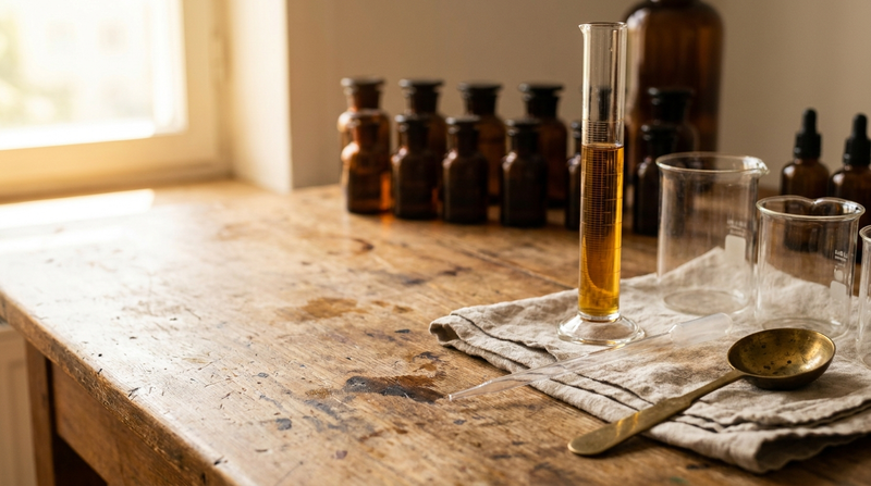 A perfumers wooden bench with a graduated cylinder of amber liquid, glass beakers, a pipette and apothecary bottles in window light