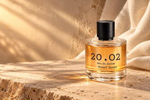 20.O2 Desert Sandal perfume bottle on warm stone beside beige fabric