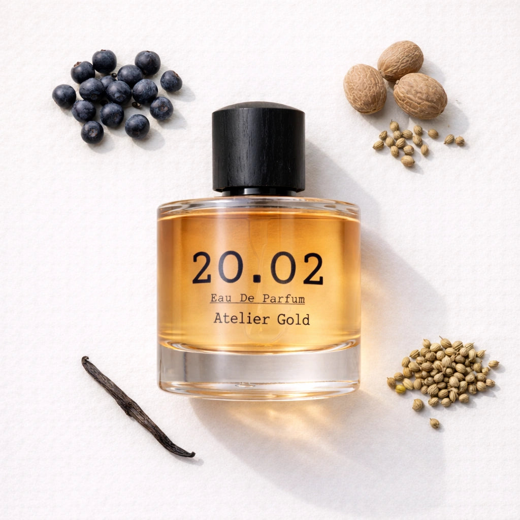 Atelier Gold Flat Lay — 20.O2 Eau de Parfum