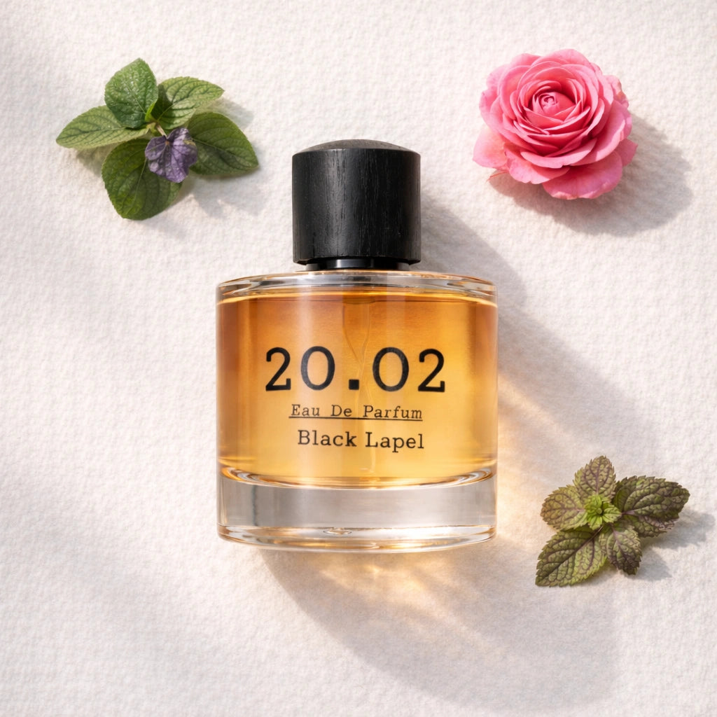 Black Lapel Flat Lay — 20.O2 Eau de Parfum