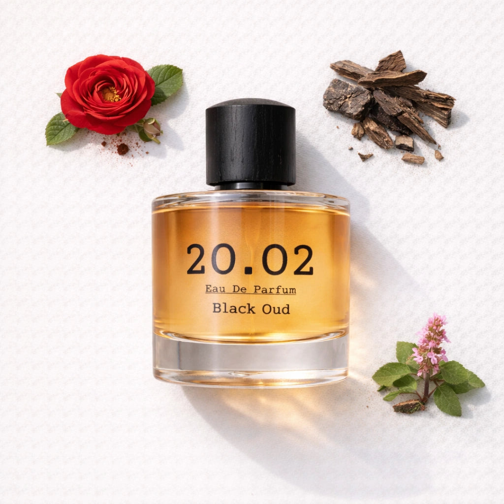 Black Oud Flat Lay — 20.O2 Eau de Parfum