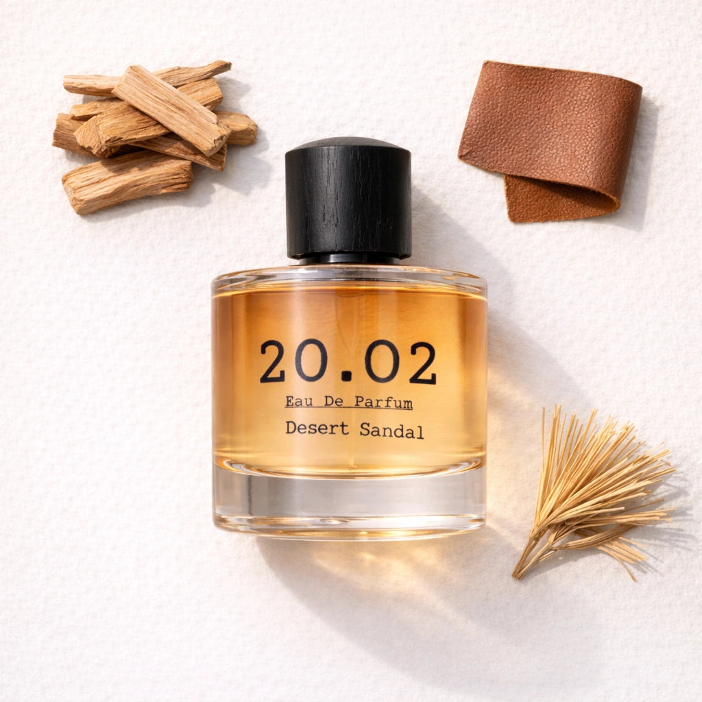 Desert Sandal Flat Lay — 20.O2 Eau de Parfum