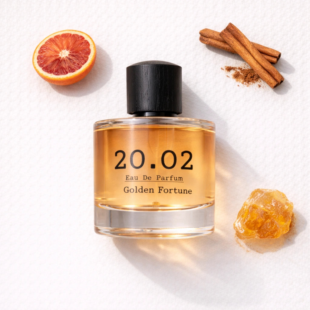 Golden Fortune Flat Lay — 20.O2 Eau de Parfum