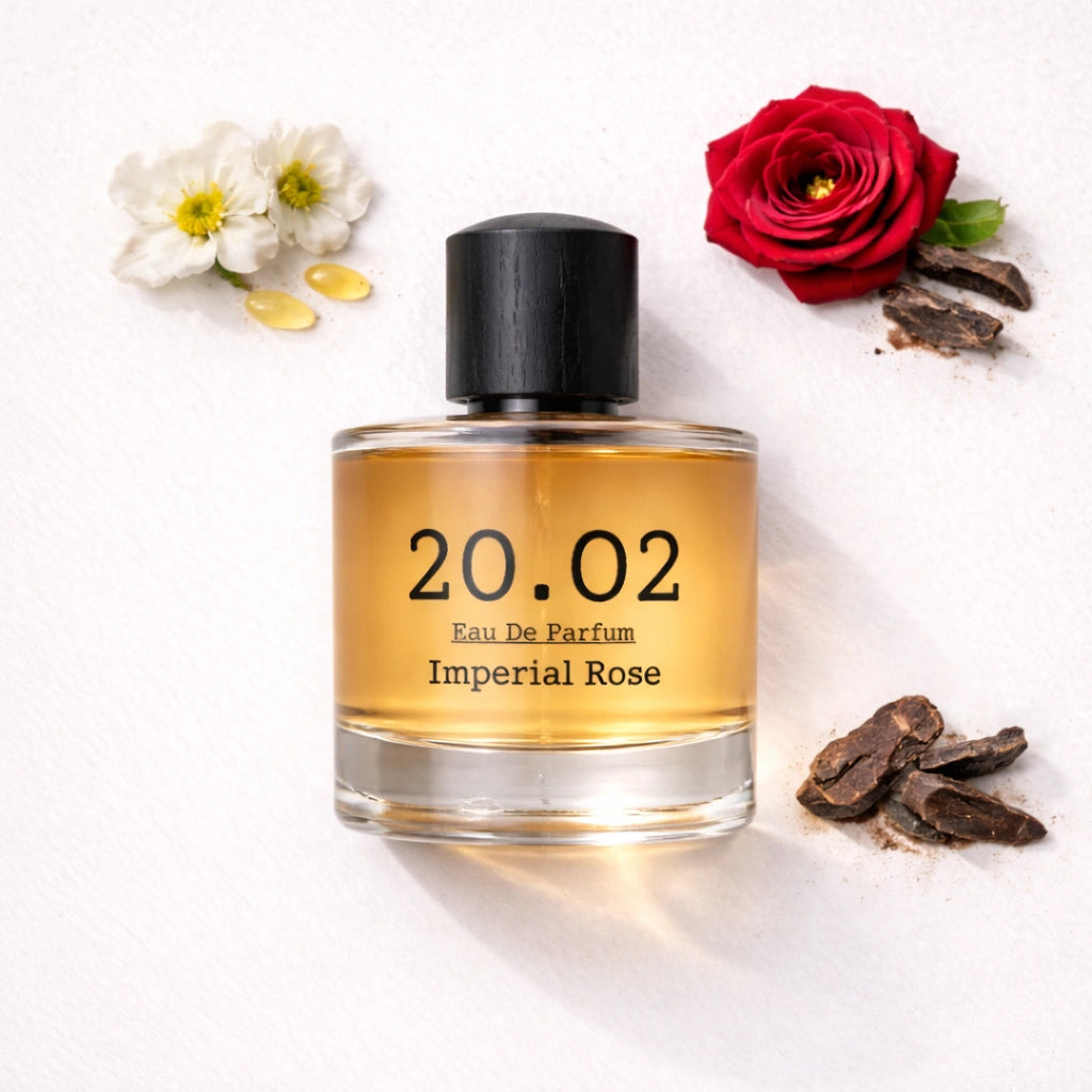 Imperial Rose Flat Lay — 20.O2 Eau de Parfum