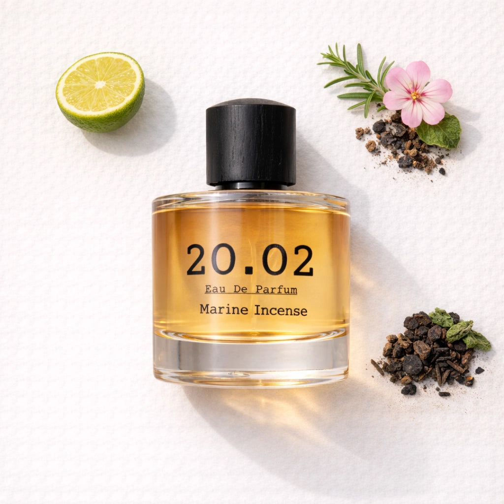 Marine Incense Flat Lay — 20.O2 Eau de Parfum