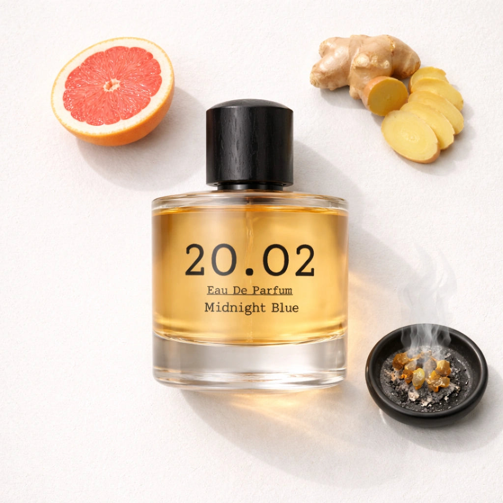 Midnight Blue Flat Lay — 20.O2 Eau de Parfum