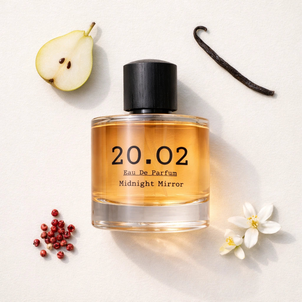 Midnight Mirror Flat Lay — 20.O2 Eau de Parfum