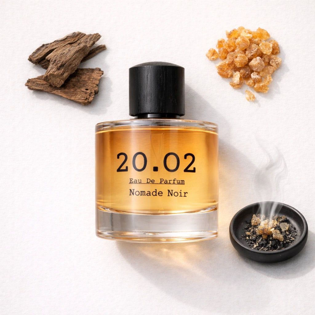 Nomade Noir Flat Lay — 20.O2 Eau de Parfum