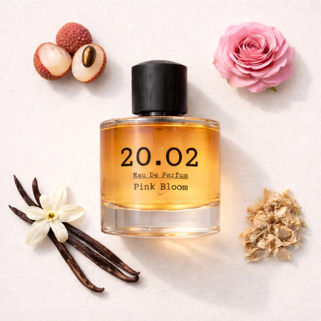Pink Bloom Flat Lay — 20.O2 Eau de Parfum