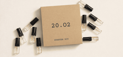 The 20.O2 Starter Kit box with ten 2ml fragrance vials arranged around it