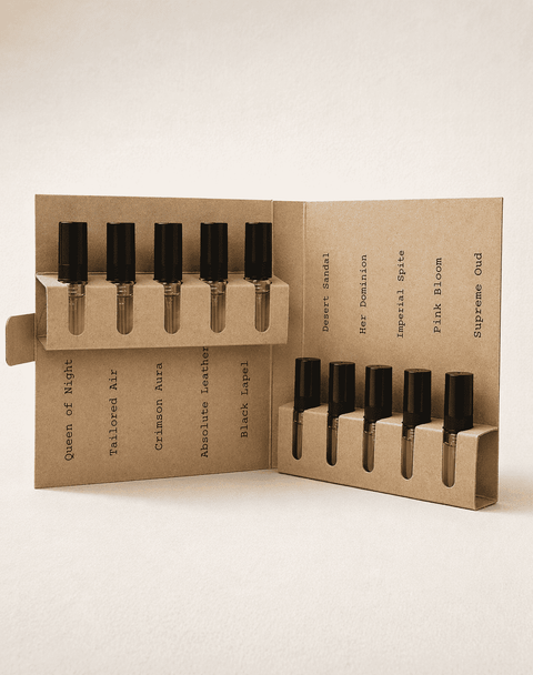 The Starter Kit opened, showing ten labelled 2ml vials including Queen of Night, Desert Sandal and Supreme Oud
