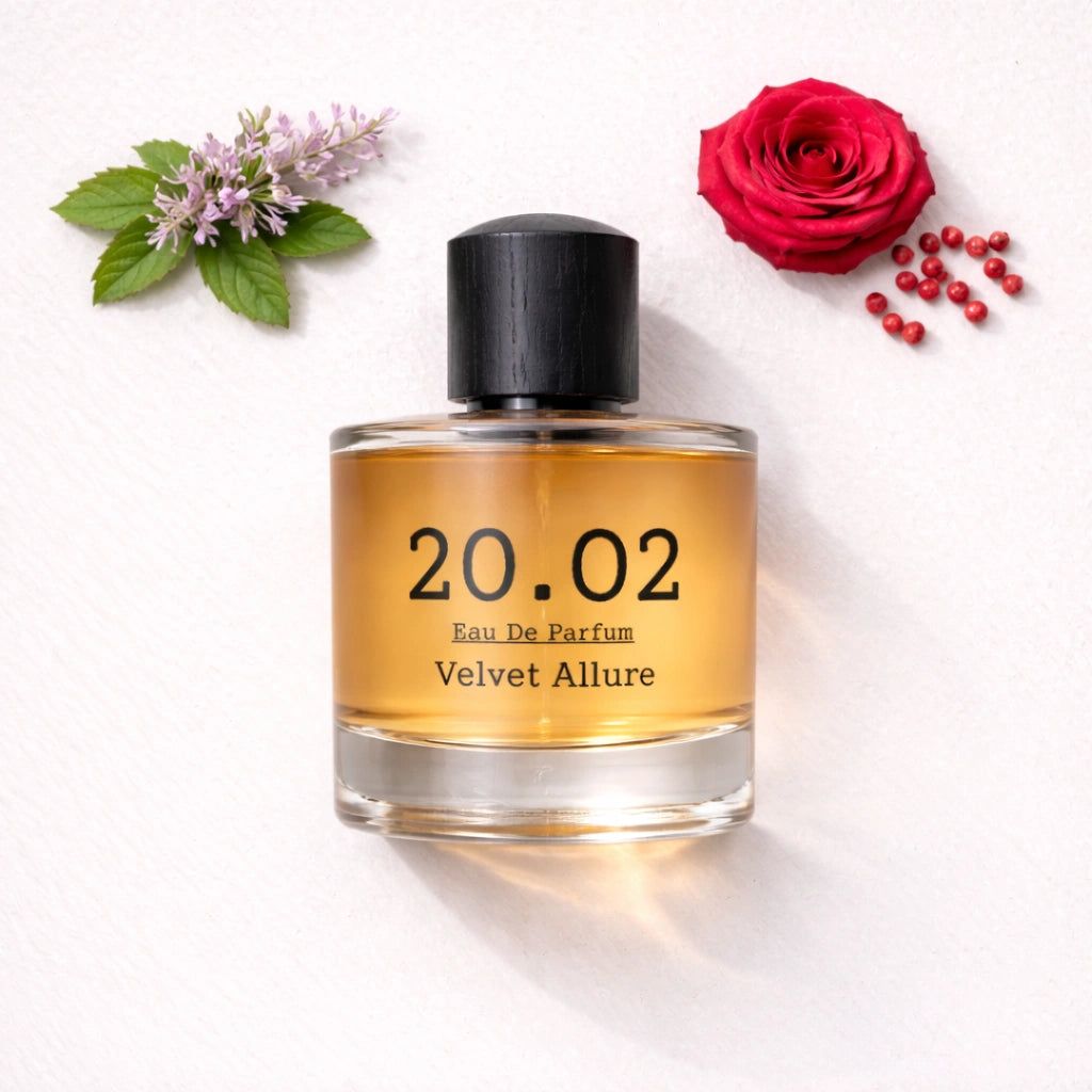 Velvet Allure Flat Lay — 20.O2 Eau de Parfum