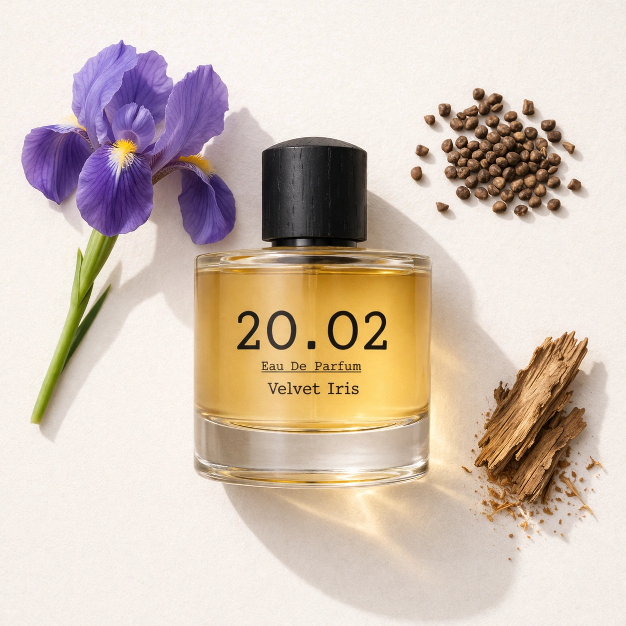 Velvet Iris Flat Lay — 20.O2 Eau de Parfum