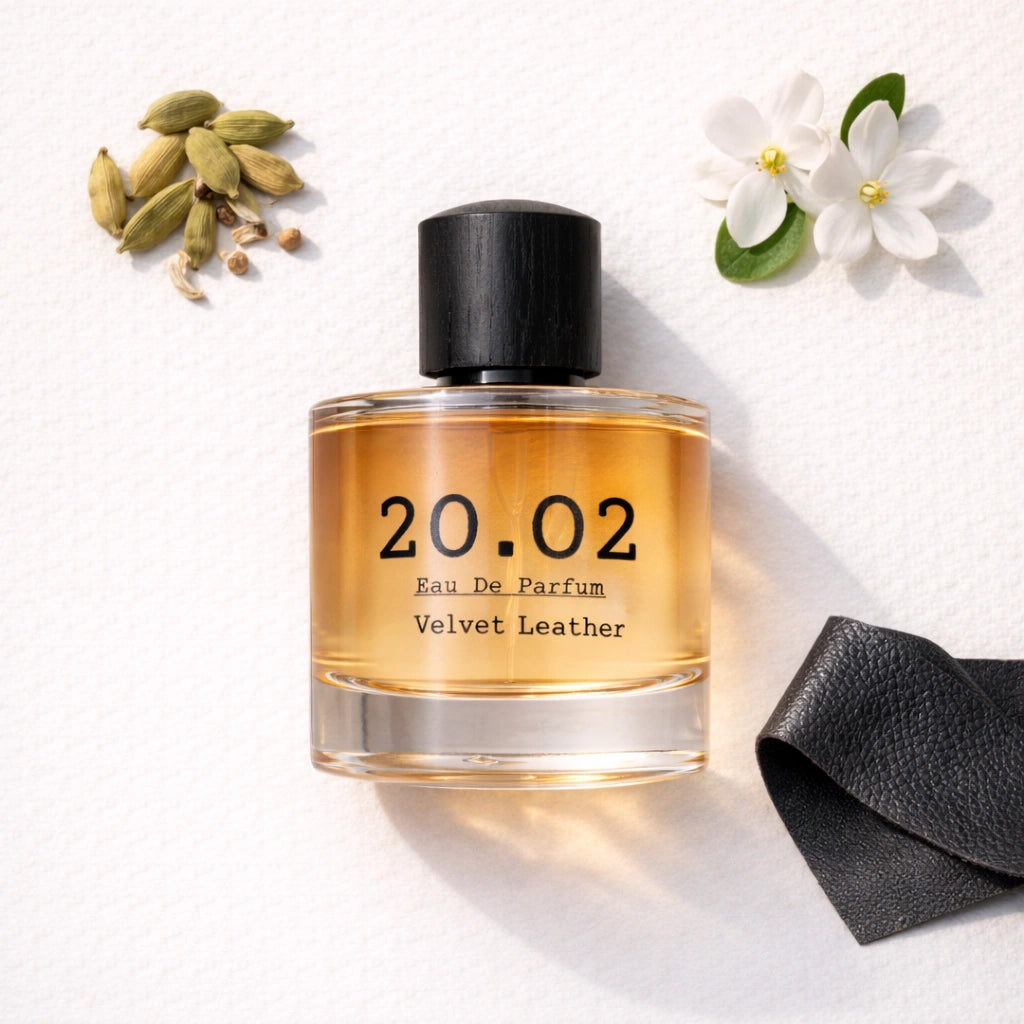 Velvet Leather Flat Lay — 20.O2 Eau de Parfum