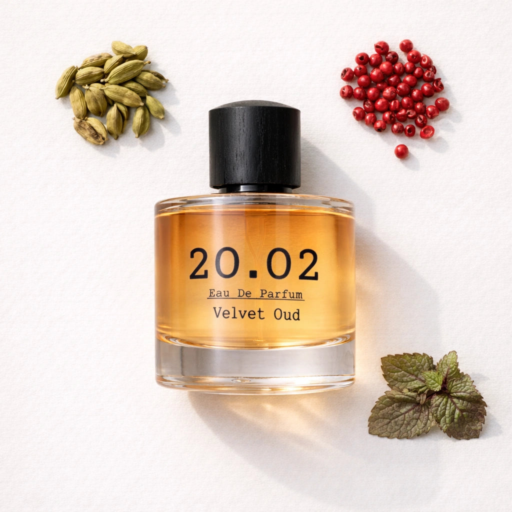 Velvet Oud Flat Lay — 20.O2 Eau de Parfum