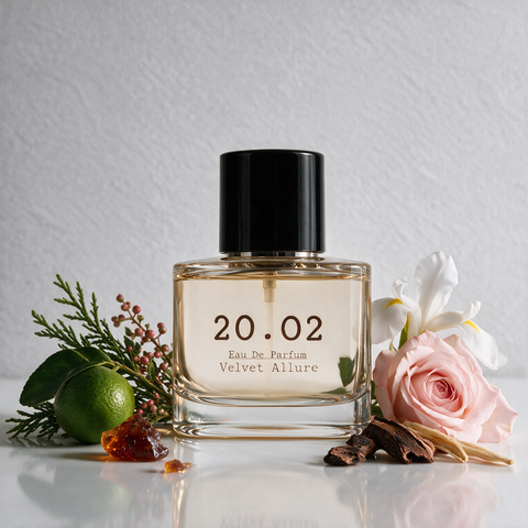 Velvet Allure eau de parfum by 20.O2 — bergamot, pink pepper, iris, rose and amber