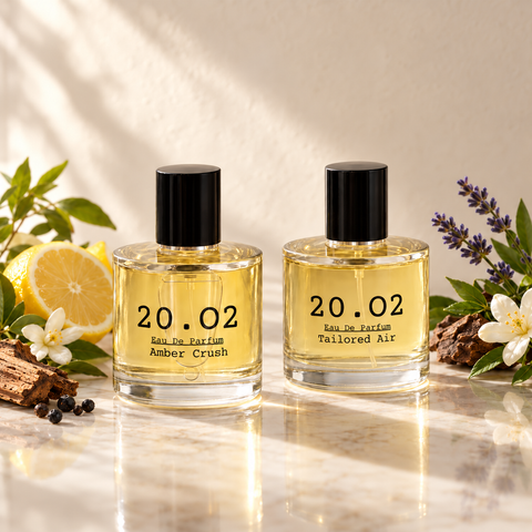 Day & Night combo: two 100ml 20.O2 bottles, Amber Crush and Tailored Air, with fragrance ingredients