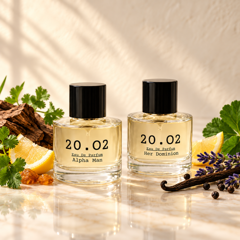 Him & Her combo: two 50ml 20.O2 bottles, Alpha Man and Her Dominion, with fragrance ingredients