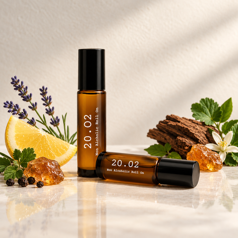 20.O2 Pocket Duo: two 10ml roll-on perfume oils with fragrance ingredients; scents chosen at checkout.