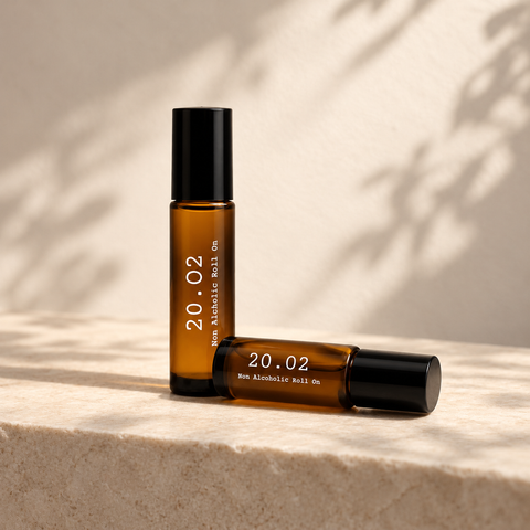 20.O2 Pocket Duo: two 10ml roll-on perfume oils on ivory stone; scents chosen at checkout.
