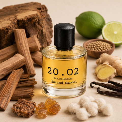 Sacred Sandal eau de parfum by 20.O2, with sandalwood, lime, ginger and vanilla