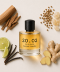 Sacred Sandal by 20.O2, flat lay with sandalwood and spices
