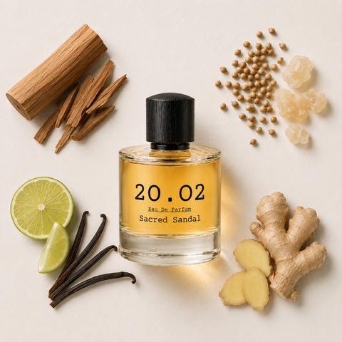 Sacred Sandal by 20.O2, flat lay with sandalwood and spices