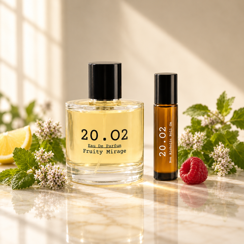 20.O2 Signature Gift Set example: 100ml eau de parfum and matching 10ml roll-on with fragrance ingredients; scent chosen at checkout.