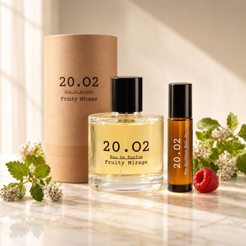 20.O2 Signature Gift Set example: 100ml eau de parfum with kraft tube and matching 10ml roll-on; scent chosen at checkout.