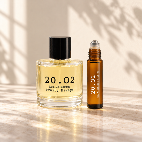 20.O2 Signature Gift Set example: 100ml eau de parfum and matching 10ml roll-on on ivory stone; scent chosen at checkout.