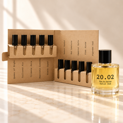 20.O2 Skip-the-Wait combo example: folding kraft holder with ten 2ml testers and one 100ml perfume; scents chosen at checkout.