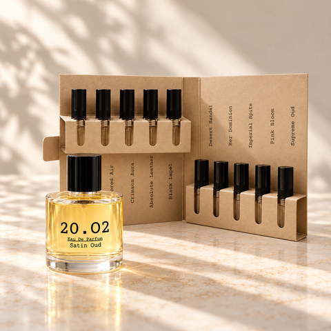 20.O2 Skip-the-Wait combo example: one 100ml perfume beside ten 2ml testers in folding holder on ivory stone; scents chosen at checkout.
