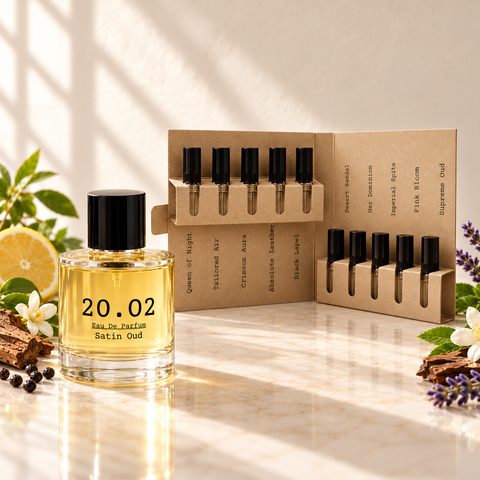 20.O2 Skip-the-Wait combo example: one 100ml perfume and ten 2ml testers in folding holder, with natural ingredients; scents chosen at checkout.